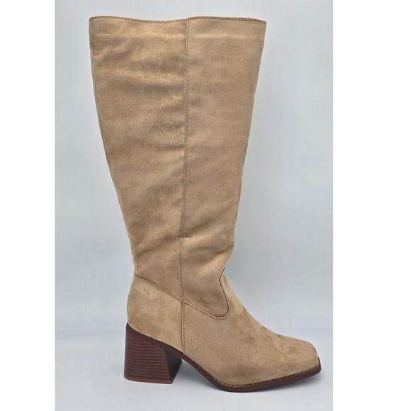 Comfort Tan Riding Boots Square Toe Block Heel Knee High Side Zip Women's 11W - Picture 1 of 13
